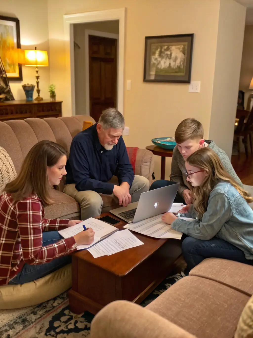 An Indian family happily gathered around a table, reviewing their financial plan with a SecureFinance advisor, emphasizing trust and long-term security.