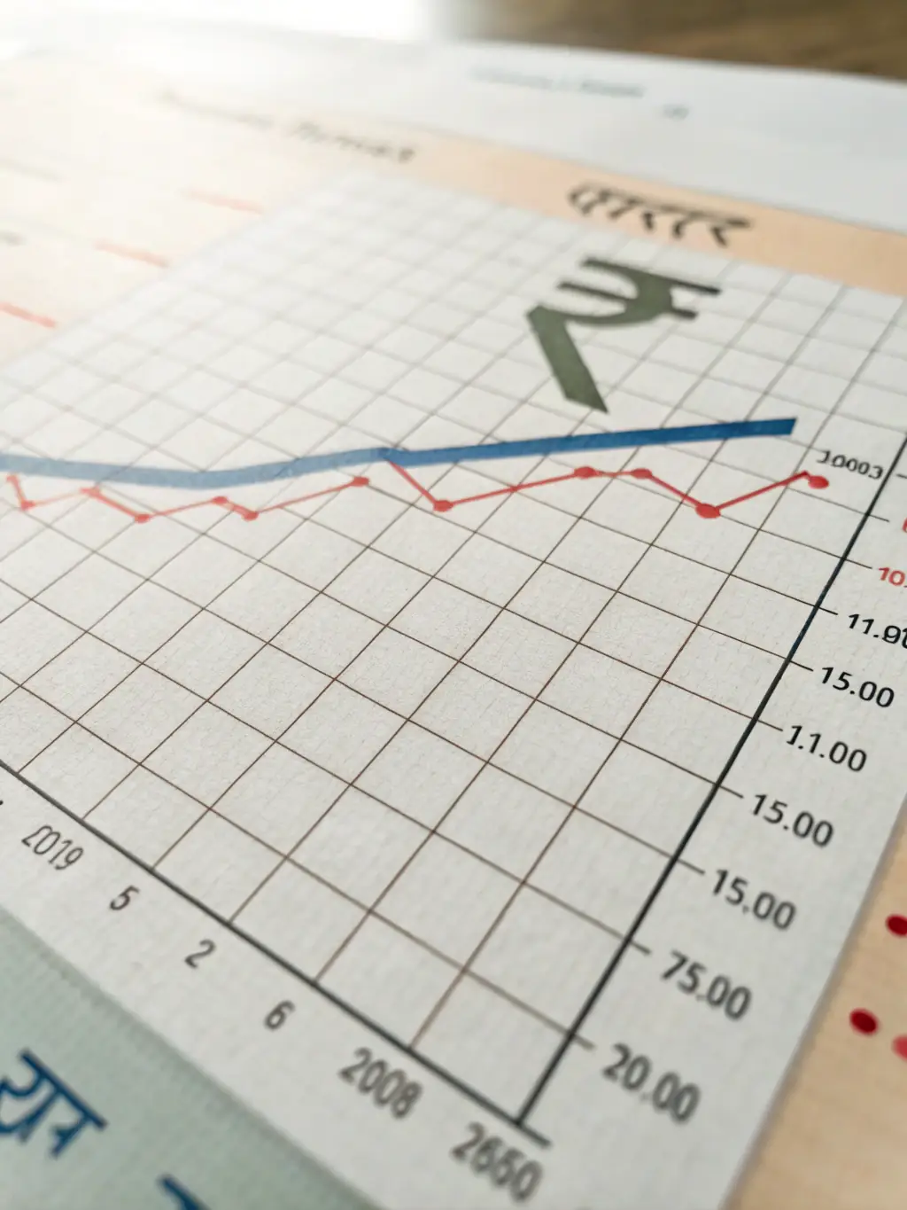 A close-up shot of an Indian Rupee note with a subtle upward trending graph overlayed, symbolizing financial growth and investment opportunities in India.