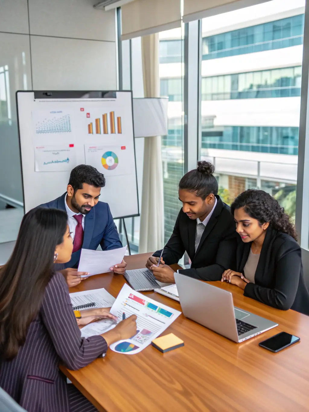 A diverse group of Indian professionals collaborating on financial planning strategies in a bright, modern office setting, showcasing teamwork and expertise.
